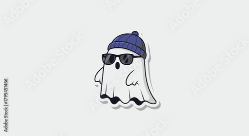 A cartoon ghost wearing a blue beanie and sunglasses with a white background.