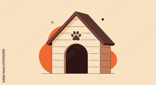 A cozy and safe wooden dog house with a paw print emblem on its front providing shelter and comfort for pets outdoors.