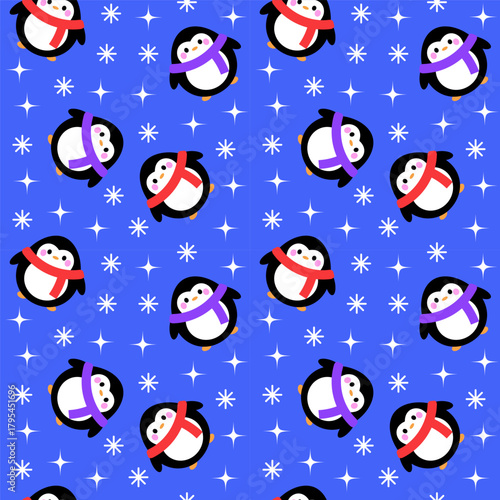 Cute winter seamless pattern with penguins, stars and snowflakes on blue background. Design for Christmas and New Year. Baby design. Pattern for baby textile and fabric