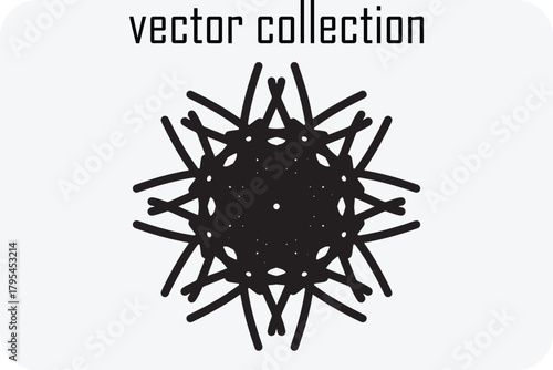 Abstract black geometric starburst mandala design with intricate symmetrical patterns and sharp radiating lines on a clean white background representing symmetry and complexity