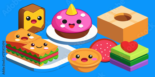 A delightful collection of cute kawaii food characters including unicorn cupcakes, sandwiches, and cakes in a colorful isometric illustration