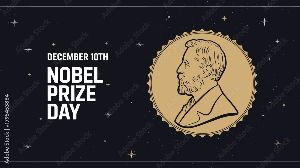 Naklejka premium Nobel prize day text with portrait and date on a dark textured background with stars, commemorating december 10th
