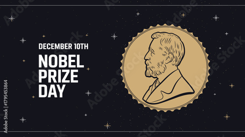 Nobel prize day text with portrait and date on a dark textured background with stars, commemorating december 10th