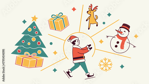 Colorful flat Christmas icon set displaying baubles, jingle bells, snowy pine branches, candles, and festive ribbons in a clean geometric layout