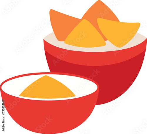 Bright Chip and Dip Bowl Illustration with Colorful Tortilla Snack Arrangement