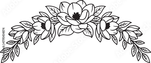 Delicate line art reveals blossoming magnolia flowers and leaves in an elegant curve