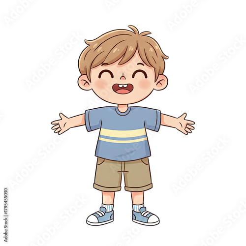 Joyful young boy with arms outstretched wearing blue shirt and shorts smiling happily isolated on transparent background cartoon illustration