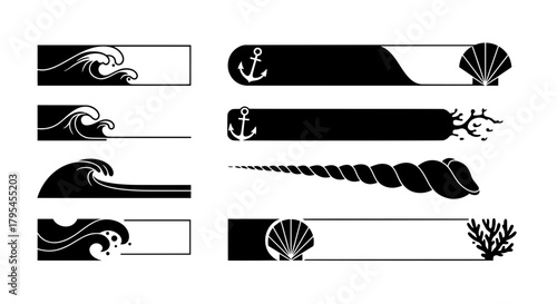A collection of black and white vector banners and dividers with a nautical theme. Includes ocean waves, anchors, seashells, and coral for text frames.