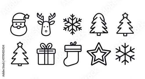 simple black outline christmas icons featuring reindeer snowflake tree gift stocking and star perfect for holiday design and decoration projects