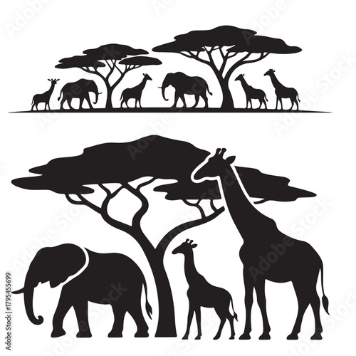 Large group of African fauna, safari wildlife animals together, in a row, isolated