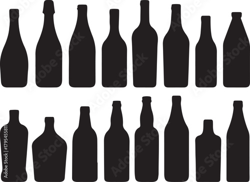 Diverse black bottle silhouettes are arranged in two rows over a white background