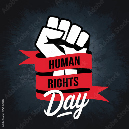 Human rights day fist with red ribbon, representing struggle for freedom and equality