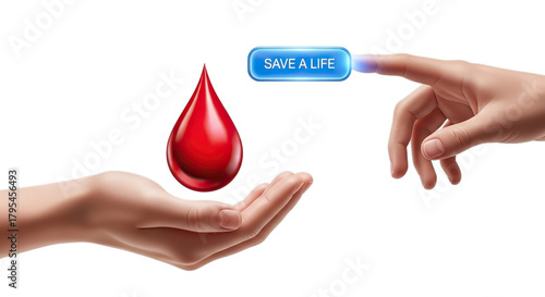 Human hands offering and receiving a vivid red blood drop with a glucose meter isolated on transparent background