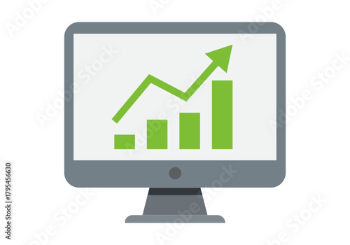 Monitor con gráfico de barras y flecha verde ascendente para crecimiento financiero