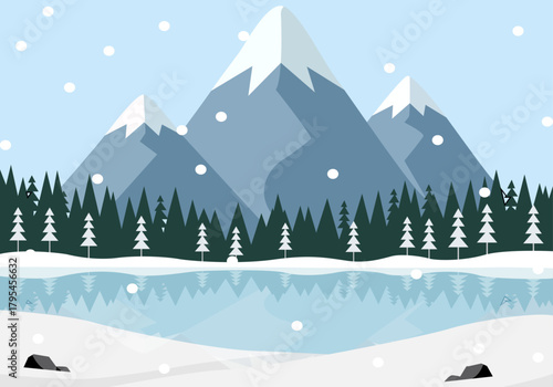 Paisaje invernal con montañas nevadas, bosque de pinos y lago helado