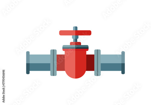 Icono plano de válvula de tubería o grifo de paso industrial con manija roja