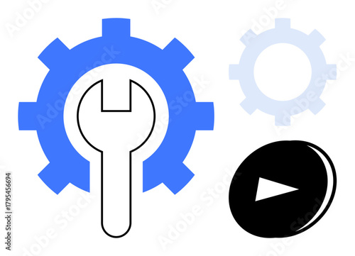 Gear and wrench symbolizing tools and maintenance, a lighter cogwheel indicating process, and a nearby play button denoting function activation. Ideal for technology, mechanics, automation, process