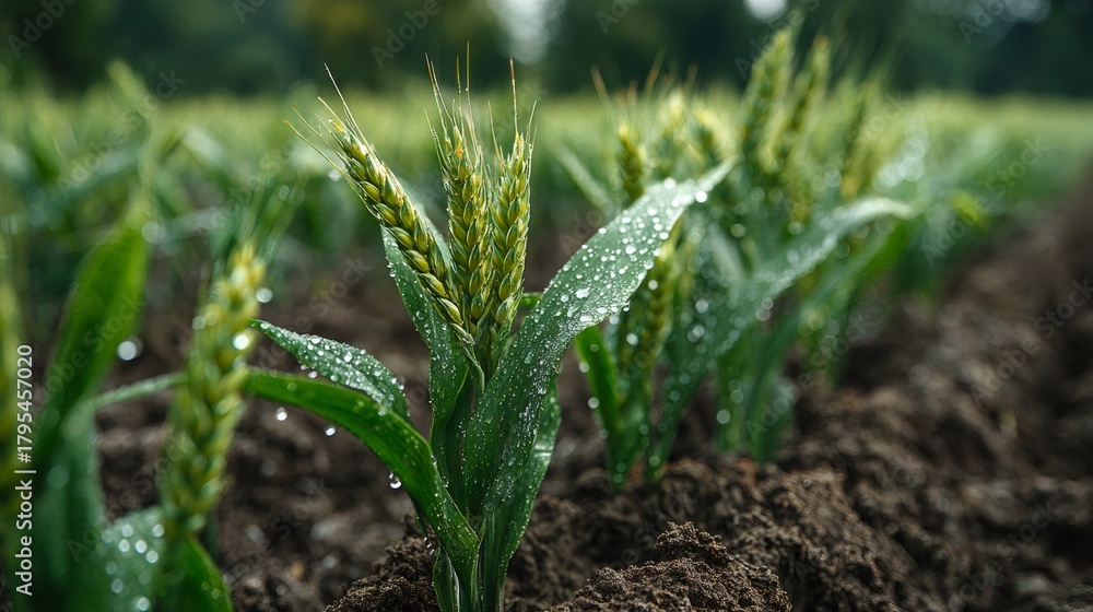 Obraz premium Young wheat plants growing in fertile soil with morning dew
