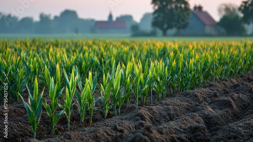 Young cornfield growing under early morning light