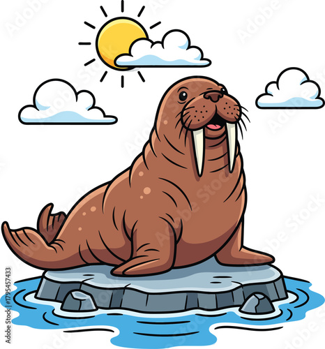A friendly cartoon walrus with large white tusks and whiskers sitting happily on a floating ice floe.