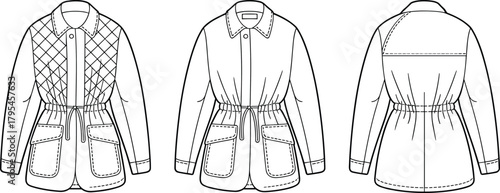 Technical flat fashion sketch of a contemporary quilted jacket or shacket with drawstrings, showing front, back, and detail views for garment design and apparel templates.