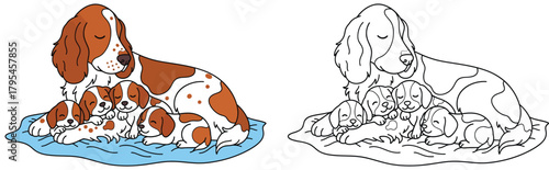 Adorable Cocker Spaniel Mother with Her Sleeping Puppies - Cute Dog Family Illustration