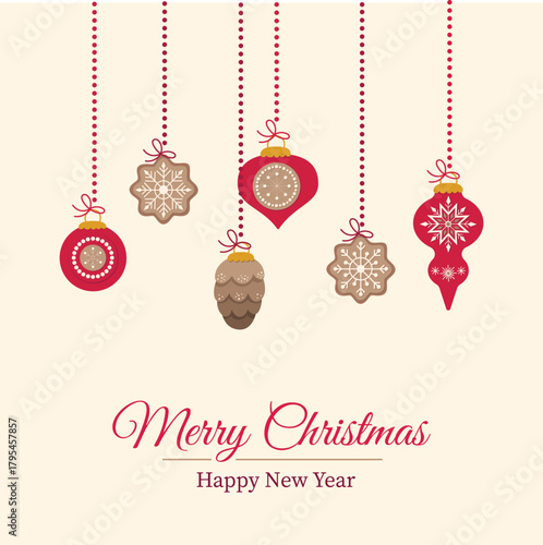 Hanging Christmas Ornaments — Baubles & Gingerbread Vector Card. Flat styl hand draun illustration in classic color. Great for winter holiday greeting cards.