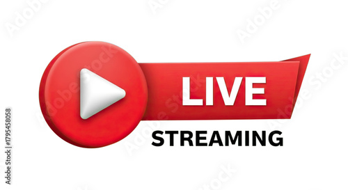 Red play button icon with live streaming indicator isolated on transparent background