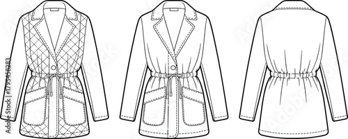 Professional technical flat sketch of a stylish quilted blazer/jacket with drawstring waist and patch pockets, presented in front, back, and detailed view for fashion design templates.