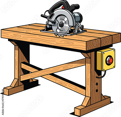 A portable electric circular saw resting on a heavyduty wooden workbench featuring a yellow emergency stop button box.