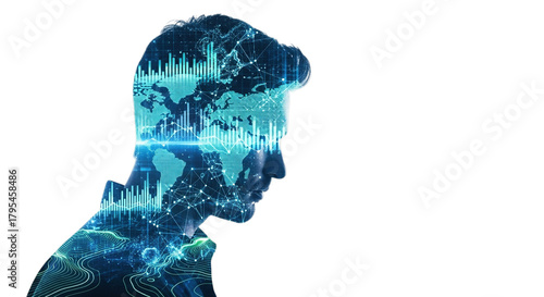 Abstract digital human head silhouette overlayed with blue futuristic data streams and world map isolated on transparent background