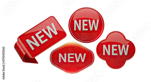 Collection of shiny red new product tags and labels with white text isolated on transparent background