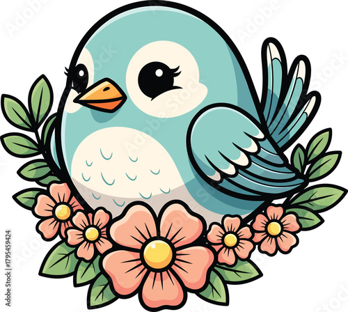 A sweet plump light blue cartoon bird with large kawaii eyes resting in a bed of pink flowers.