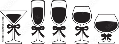 Five assorted drink glasses filled with liquid feature decorative bows in a transparent background