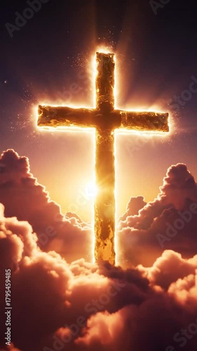 Glowing cross against cloudy sky religious symbol in dramatic lighting