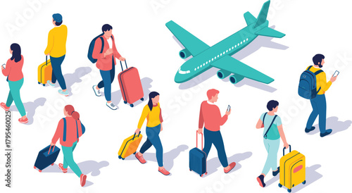 Isometric airport travelers illustration set, people walking with luggage near airplane, modern travel concept design for tourism, transportation, vacation and journey projects