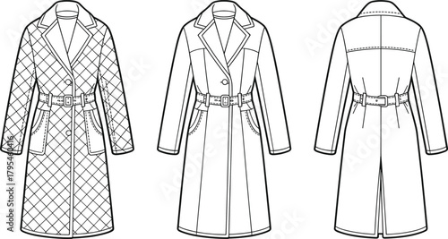 Technical flat sketch of a fashionable long quilted trench coat with belt, collar, and pockets, showcasing front, back, and detail views for women's apparel design templates.