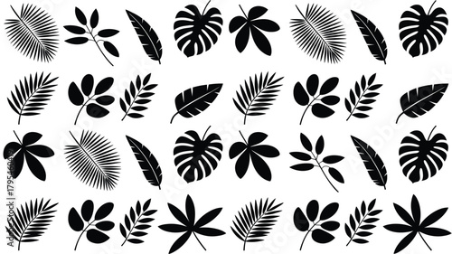 Elegant black tropical leaf silhouettes create a sophisticated modern pattern perfect for design projects and branding.