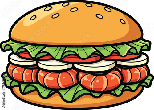 A vibrant cartoon illustration of a doubledecker shrimp burger with lettuce tomato and onion on a sesame seed bun.