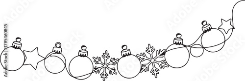 Line art depicts Christmas baubles, stars, and snowflakes adorned with a continuous string on white