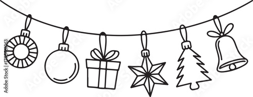 Line art shows Christmas garland with a gift, star, and tree on transparent background