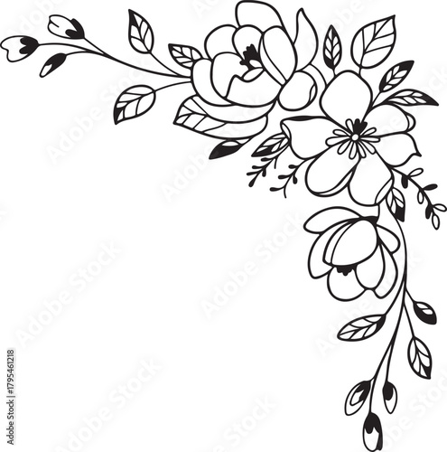 Line art corner design shows blossoming flowers, leaves, and stems with a transparent background