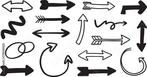 Many arrow doodles show different directions and styles on a clean, transparent backdrop