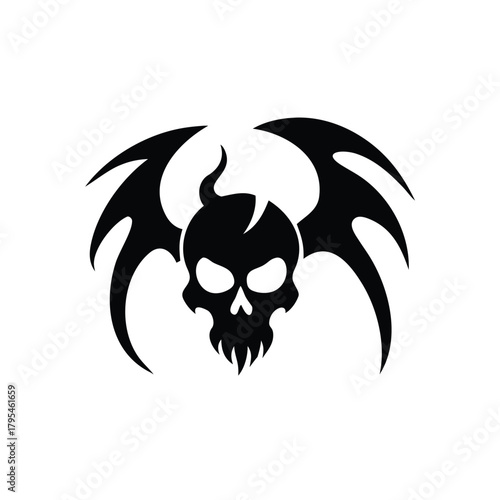 Tribal skull with demonic bat wings silhouette