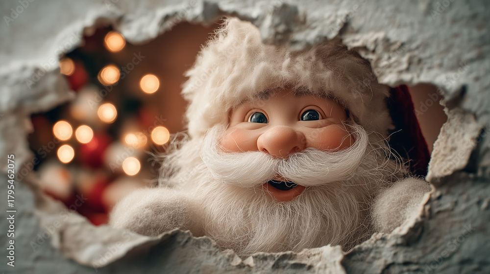 Fototapeta premium Santa Claus smiles cheerfully while peeking through a hole in the wall. Background features colorful holiday lights and decorations giving a warm festive feel