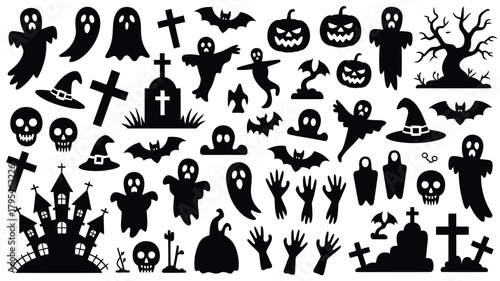 Spooky Halloween icons featuring ghosts, pumpkins, bats, skulls, witches hats, haunted house, and crosses create a festive and frightful atmosphere for decorations and design.