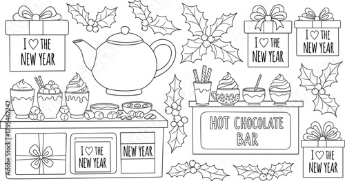 New Year hot chocolate bar with gifts, holly leaves, desserts, teapot, whipped drinks, festive treats, winter holiday line art set