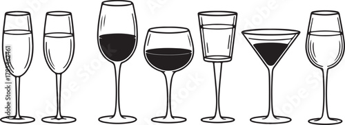Seven assorted stemmed glasses display various black liquid levels with a transparent background