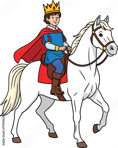 A young cartoon prince with a golden crown and red cape riding a majestic white horse.