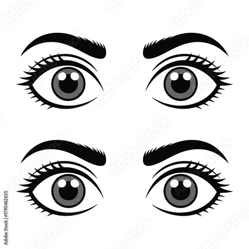Four pairs of stylized human eyes with detailed eyelashes and eyebrows